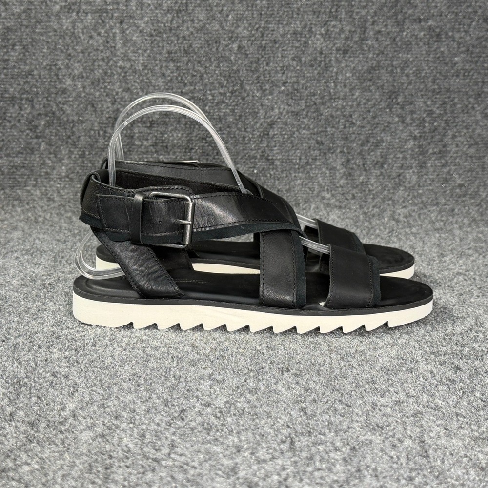 Toms Sidney Tread Leather Sandals Women's 8 Black White Cross Strap Buckle Shoes